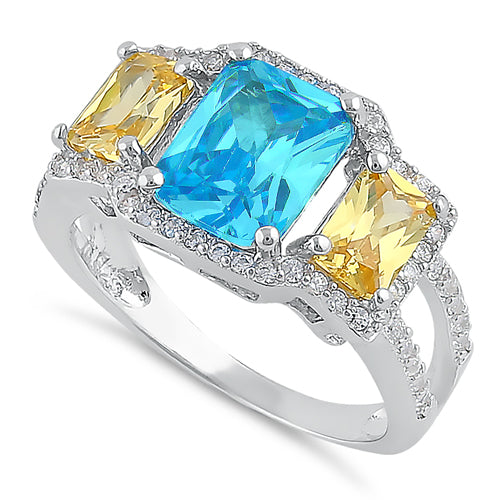 Sterling Silver 3 Stone Blue Topaz & Yellow CZ Ring